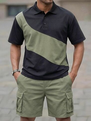 Men's Piece Casual Set, Color Block Polo Shirt with Cargo Shorts in Saudi Arabia