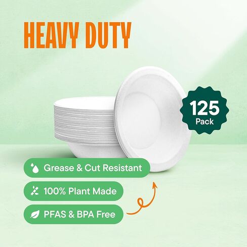 100% Compostable Disposable Paper Bowls [125-Pack] - {PFAS-Free} - {BPI Certified} - [12 oz] Heavy Duty, Eco-Friendly, Biodegradable Bagasse Hot Soup Bowls - Thick White 12oz Bowl Plates by Stack Man in Kuwait