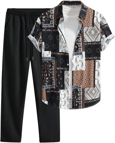 Men's 2 Piece Outfit Paisley Patchwork Button Down Shirts and Drawstring Waist Pants Tracksuits in Saudi Arabia