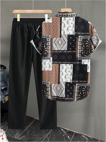 Men's 2 Piece Outfit Paisley Patchwork Button Down Shirts and Drawstring Waist Pants Tracksuits in Saudi Arabia