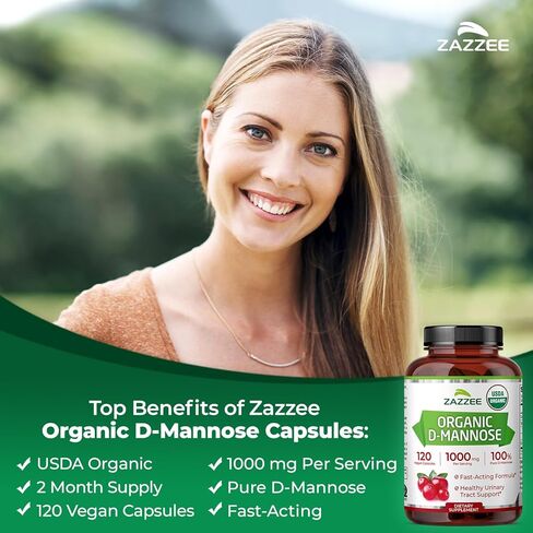 Zazzee USDA Organic D-Mannose، 1000 مجم لكل وجبة، 120 كبسولة نباتية، كمية تكفي لمدة شهرين، غير معدل وراثيًا، دعم المسالك البولية والمثانة، قوي وسريع المفعول، تم اختباره معمليًا من أجل الجودة والنقاء، صنع في الولايات المتحدة الأمريكية in Kuwait