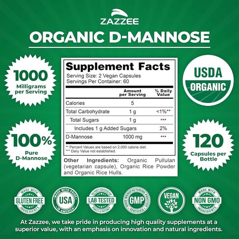 Zazzee USDA Organic D-Mannose، 1000 مجم لكل وجبة، 120 كبسولة نباتية، كمية تكفي لمدة شهرين، غير معدل وراثيًا، دعم المسالك البولية والمثانة، قوي وسريع المفعول، تم اختباره معمليًا من أجل الجودة والنقاء، صنع في الولايات المتحدة الأمريكية in Kuwait