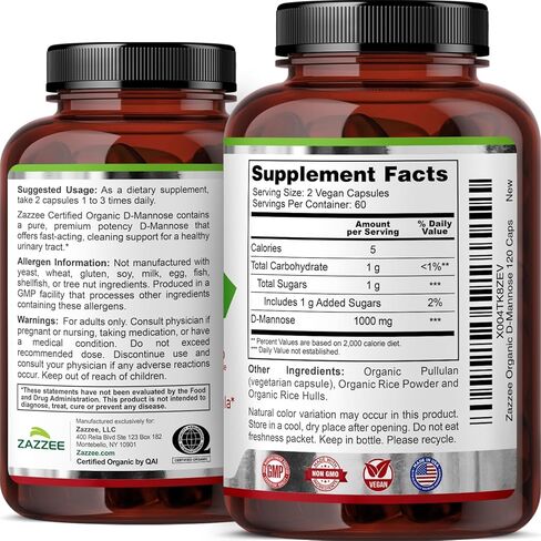 Zazzee USDA Organic D-Mannose، 1000 مجم لكل وجبة، 120 كبسولة نباتية، كمية تكفي لمدة شهرين، غير معدل وراثيًا، دعم المسالك البولية والمثانة، قوي وسريع المفعول، تم اختباره معمليًا من أجل الجودة والنقاء، صنع في الولايات المتحدة الأمريكية in Kuwait