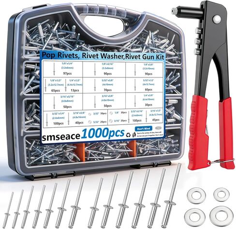 smseace 1001Pcs Pop Rivet Gun Kit Black Pop Rivets, Large Flange Rivets, Washers and Rivets Gun Tool Packed in Portable Toolbox with Color Label for Metal, Furniture, Automotive, Instruments in Saudi Arabia