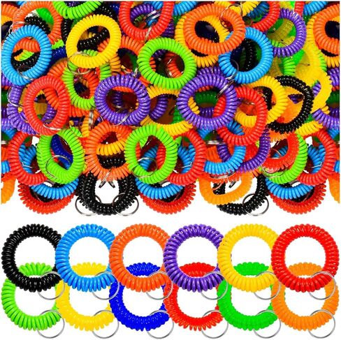 ALDMIO 120Pcs Wristlet Keychains, 12 Colors Wrist Coil, Elastic Stretchable Plastic Wrist Keychain Wrist Band Key Ring Chain in Kuwait