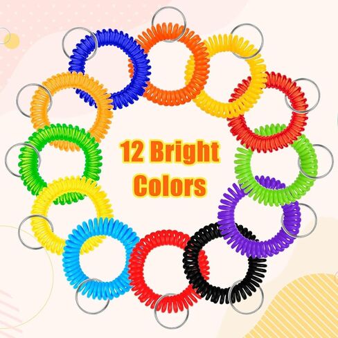 ALDMIO 120Pcs Wristlet Keychains, 12 Colors Wrist Coil, Elastic Stretchable Plastic Wrist Keychain Wrist Band Key Ring Chain in Kuwait