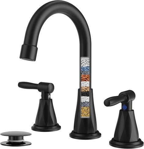 صنابير الحمام من FEELSO مع فلتر، 2024 صنبور حوض الحمام واسع الانتشار مقاس 8 بوصات مع استنزاف منبثق، صنبور حمام أسود غير لامع 3 فتحات - إزالة الكلور المتبقي in Kuwait