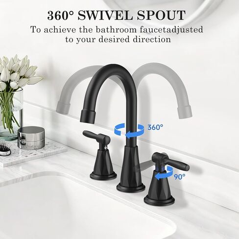 صنابير الحمام من FEELSO مع فلتر، 2024 صنبور حوض الحمام واسع الانتشار مقاس 8 بوصات مع استنزاف منبثق، صنبور حمام أسود غير لامع 3 فتحات - إزالة الكلور المتبقي in Kuwait