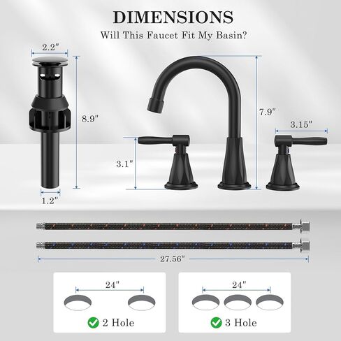 صنابير الحمام من FEELSO مع فلتر، 2024 صنبور حوض الحمام واسع الانتشار مقاس 8 بوصات مع استنزاف منبثق، صنبور حمام أسود غير لامع 3 فتحات - إزالة الكلور المتبقي in Kuwait
