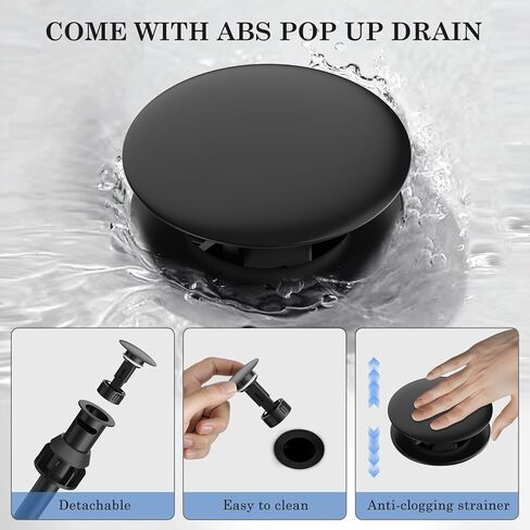 صنابير الحمام من FEELSO مع فلتر، 2024 صنبور حوض الحمام واسع الانتشار مقاس 8 بوصات مع استنزاف منبثق، صنبور حمام أسود غير لامع 3 فتحات - إزالة الكلور المتبقي in Kuwait