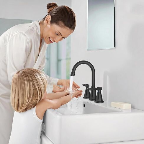 صنابير الحمام من FEELSO مع فلتر، 2024 صنبور حوض الحمام واسع الانتشار مقاس 8 بوصات مع استنزاف منبثق، صنبور حمام أسود غير لامع 3 فتحات - إزالة الكلور المتبقي in Kuwait