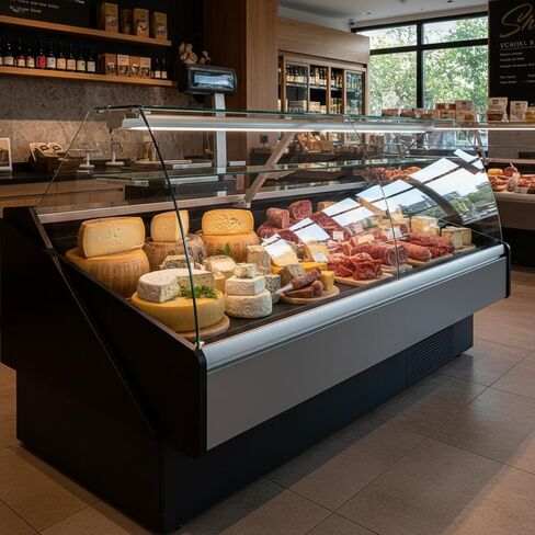 Curved Glass Refrigerated Deli Display Case Fresh Meats Showcase Multiplexible Commercial Countertop Chilled Cabinet Stainless Steel Interior in Saudi Arabia