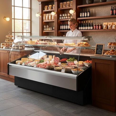 Curved Glass Refrigerated Deli Display Case Fresh Meats Showcase Multiplexible Commercial Countertop Chilled Cabinet Stainless Steel Interior in Saudi Arabia