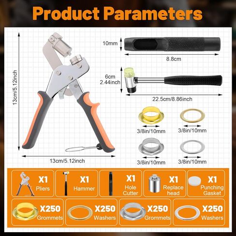 Grommet Tool Kit, 3/8 Inch (10mm) Grommets Heavy Duty Grommet Kit 500 Metal Eyelets and Grommets in Gold Grommet Eyelet Pliers Kit Eyelet Tool for Fabric, Leather, Belt, Shoes, Clothes in Kuwait