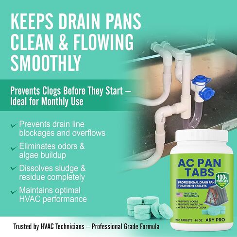 أقراص AC PAN - 200 قرص تنظيف خط تصريف التيار المتردد لأجهزة التدفئة والتهوية وتكييف الهواء ومكيف الهواء المكثف، صيانة وقائية، قابلة للذوبان في الماء، لا تترك بقايا وتمنع التدفق الزائد in Kuwait