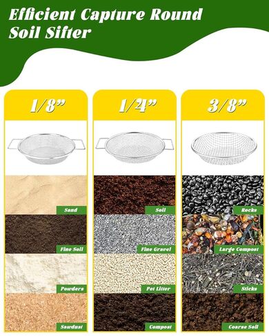 Soil Sifter for Gardening 3Pcs Compost Sifter 3 Mesh Sizes 1/8" 1/4" 3/8"Heavy Duty Dirt Sieve Fits 5 Gallon Buckets Garden Sifter with Handle for Rocks Dirt and Organic Material in Kuwait
