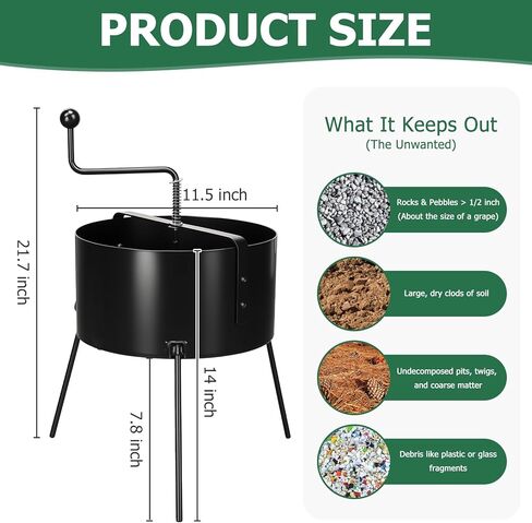 Rotary Soil Sifter, Soil Compost Sieve Sifter for Gardening, 10 Liters Dirt Rock Sand Sifting Mesh Size 12mm in Kuwait