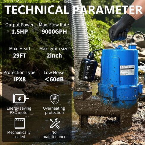 FOTING 1.5HP 9000GPH مضخة مستنقع غاطسة مياه الصرف الصحي / مضخة مياه الصرف الصحي - الثقيلة الحديد الزهر أوتوماتيكي / يدوي - مضخة الصرف الصحي 115V لحوض الحوض / السكنية / الصرف الصحي / الطابق السفلي، مضخات الصرف الصحي 2 '' NPT التفريغ in Kuwait