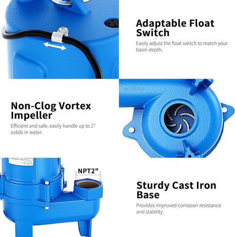 FOTING 1.5HP 9000GPH مضخة مستنقع غاطسة مياه الصرف الصحي / مضخة مياه الصرف الصحي - الثقيلة الحديد الزهر أوتوماتيكي / يدوي - مضخة الصرف الصحي 115V لحوض الحوض / السكنية / الصرف الصحي / الطابق السفلي، مضخات الصرف الصحي 2 '' NPT التفريغ in Kuwait