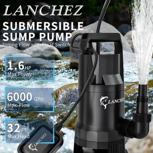 مضخة مستنقع LANCHEZ 1.6HP 6000GPH، مضخة مياه غاطسة عالية التدفق مع مفتاح تعويم، مضخة مياه نقل أوتوماتيكية لحوض السباحة في الطابق السفلي من حوض الصرف الصحي، أسود in Kuwait