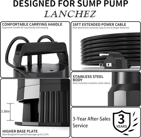 مضخة مستنقع LANCHEZ 1.6HP 6000GPH، مضخة مياه غاطسة عالية التدفق مع مفتاح تعويم، مضخة مياه نقل أوتوماتيكية لحوض السباحة في الطابق السفلي من حوض الصرف الصحي، أسود in Kuwait