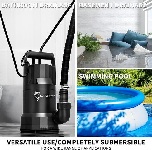 مضخة مستنقع LANCHEZ 1.6HP 6000GPH، مضخة مياه غاطسة عالية التدفق مع مفتاح تعويم، مضخة مياه نقل أوتوماتيكية لحوض السباحة في الطابق السفلي من حوض الصرف الصحي، أسود in Kuwait