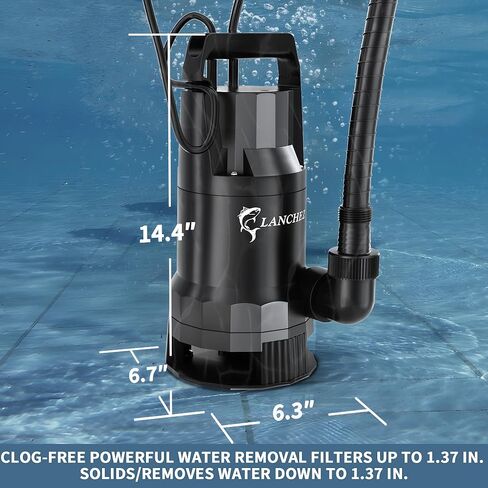 مضخة مستنقع LANCHEZ 1.6HP 6000GPH، مضخة مياه غاطسة عالية التدفق مع مفتاح تعويم، مضخة مياه نقل أوتوماتيكية لحوض السباحة في الطابق السفلي من حوض الصرف الصحي، أسود in Kuwait