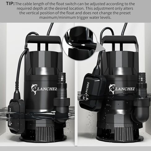 مضخة مستنقع LANCHEZ 1.6HP 6000GPH، مضخة مياه غاطسة عالية التدفق مع مفتاح تعويم، مضخة مياه نقل أوتوماتيكية لحوض السباحة في الطابق السفلي من حوض الصرف الصحي، أسود in Kuwait