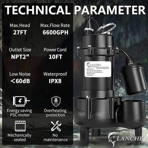 مضخة مياه الصرف الصحي الغاطسة LANCHEZ 1HP 6600 GPH، مضخة مياه الصرف الصحي من الحديد الزهر شديدة التحمل مع مفتاح تعويم مربوط تلقائي، مضخة مستنقع لحوض الحوض، الطابق السفلي، سكني، تفريغ 2 بوصة NPT in Kuwait