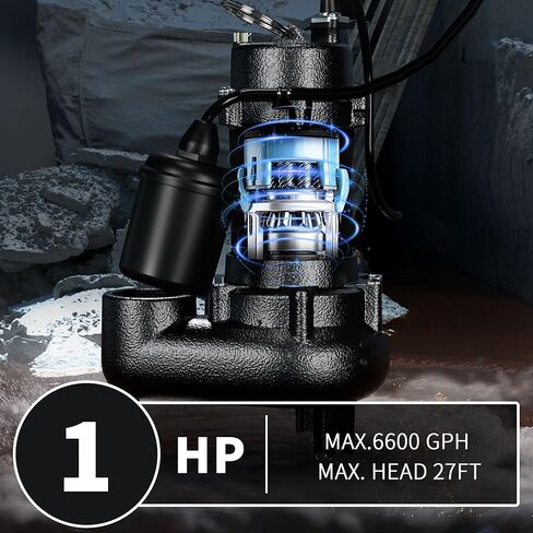 مضخة مياه الصرف الصحي الغاطسة LANCHEZ 1HP 6600 GPH، مضخة مياه الصرف الصحي من الحديد الزهر شديدة التحمل مع مفتاح تعويم مربوط تلقائي، مضخة مستنقع لحوض الحوض، الطابق السفلي، سكني، تفريغ 2 بوصة NPT in Kuwait