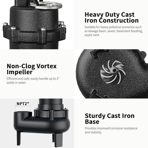 مضخة مياه الصرف الصحي الغاطسة LANCHEZ 1HP 6600 GPH، مضخة مياه الصرف الصحي من الحديد الزهر شديدة التحمل مع مفتاح تعويم مربوط تلقائي، مضخة مستنقع لحوض الحوض، الطابق السفلي، سكني، تفريغ 2 بوصة NPT in Kuwait