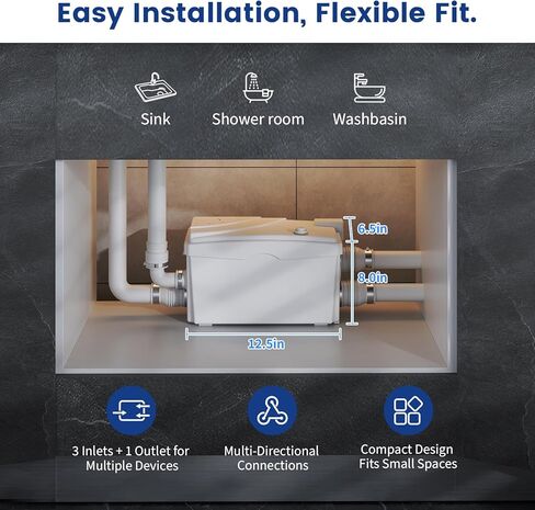 مضخة حوض المرافق، نظام تصريف 1600 جالون في الساعة، وحدة مياه رمادية تحت الحوض بقدرة 500 واط للغسيل والمطبخ، مضخة حوض رفع 23 قدمًا مع صمام فحص وفلتر للرائحة in Kuwait