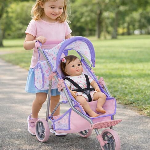 Baby Doll Stroller Jogger Style 3 Wheels Play Stroller للأطفال الصغار مع المظلة وسلة عربات عربات التي تجرها الدواب 21 بوصة للأطفال ، أول لعبة ركض في لعبة Pram ، Purple in Kuwait