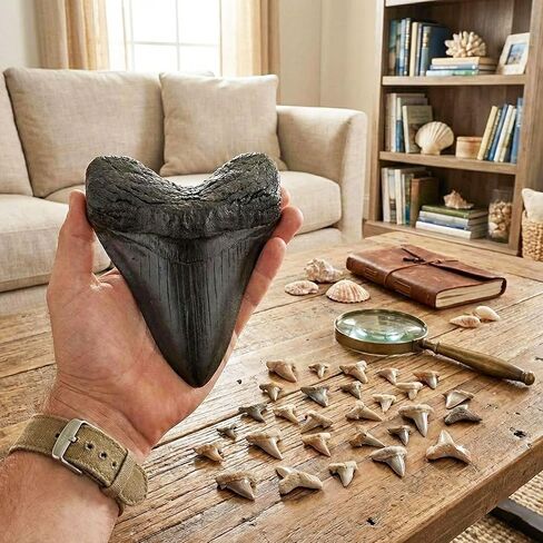 نسخة طبق الأصل لأسنان القرش العملاقة من ميجالودون + 25 أسنان سمكة قرش متحجرة حقيقية ودليل تحديد الهوية | مجموعة الحفريات الأثرية الأصلية لعلم الحفريات في عصور ما قبل التاريخ | عرض الأسنان ميج in Kuwait