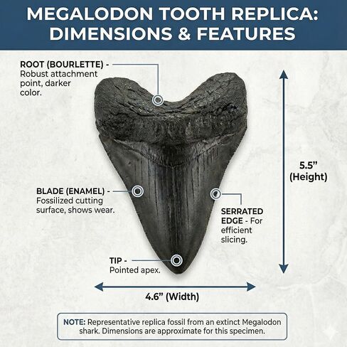نسخة طبق الأصل لأسنان القرش العملاقة من ميجالودون + 25 أسنان سمكة قرش متحجرة حقيقية ودليل تحديد الهوية | مجموعة الحفريات الأثرية الأصلية لعلم الحفريات في عصور ما قبل التاريخ | عرض الأسنان ميج in Kuwait