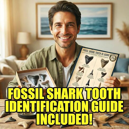 نسخة طبق الأصل لأسنان القرش العملاقة من ميجالودون + 25 أسنان سمكة قرش متحجرة حقيقية ودليل تحديد الهوية | مجموعة الحفريات الأثرية الأصلية لعلم الحفريات في عصور ما قبل التاريخ | عرض الأسنان ميج in Kuwait