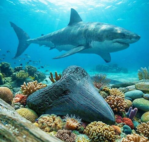 نسخة طبق الأصل لأسنان القرش العملاقة من ميجالودون + 25 أسنان سمكة قرش متحجرة حقيقية ودليل تحديد الهوية | مجموعة الحفريات الأثرية الأصلية لعلم الحفريات في عصور ما قبل التاريخ | عرض الأسنان ميج in Kuwait