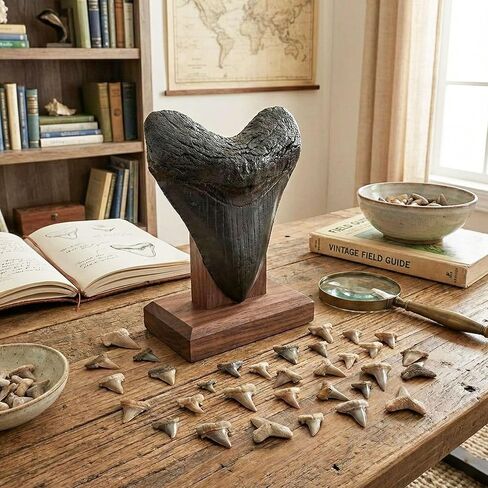 نسخة طبق الأصل لأسنان القرش العملاقة من ميجالودون + 25 أسنان سمكة قرش متحجرة حقيقية ودليل تحديد الهوية | مجموعة الحفريات الأثرية الأصلية لعلم الحفريات في عصور ما قبل التاريخ | عرض الأسنان ميج in Kuwait