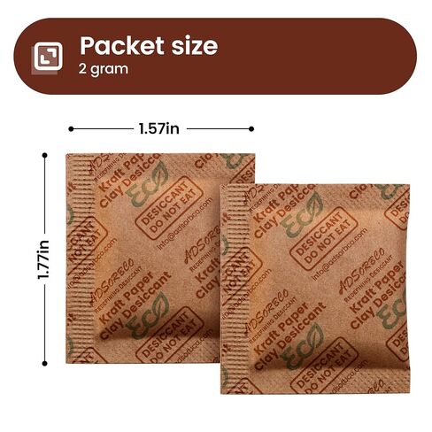 ADSorbco 2 جرام × 100 عبوة من عبوات مجففة طين البنتونيت - ممتص الرطوبة بدرجة الطعام لأغذية الحيوانات الأليفة والشاي والحبوب الجافة والتوابل وصناديق التخزين - عبوات جل السيليكا البديلة، عبوات مجففة للتخزين in Kuwait