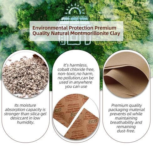 ADSorbco 2 جرام × 100 عبوة من عبوات مجففة طين البنتونيت - ممتص الرطوبة بدرجة الطعام لأغذية الحيوانات الأليفة والشاي والحبوب الجافة والتوابل وصناديق التخزين - عبوات جل السيليكا البديلة، عبوات مجففة للتخزين in Kuwait