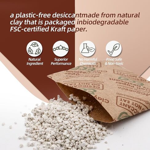 ADSorbco 2 جرام × 100 عبوة من عبوات مجففة طين البنتونيت - ممتص الرطوبة بدرجة الطعام لأغذية الحيوانات الأليفة والشاي والحبوب الجافة والتوابل وصناديق التخزين - عبوات جل السيليكا البديلة، عبوات مجففة للتخزين in Kuwait