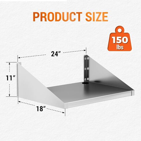 Stainless Steel Microwave Shelf Wall Mount, Commercial 430 Steel Metal Rack, Heavy Duty 150 lbs Floating Shelving, Cord Management Hole for Kitchen, Laundry, Garage 24"x18" in Saudi Arabia