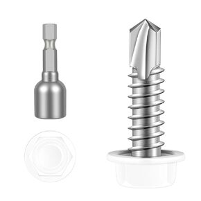 #10 x 3/4" Hex Washer Head Self Tapping Screws, TEK Screws, Self Drilling, Stainless Steel 410 Sheet Metal Screws, White Head, 100 PCS in Kuwait