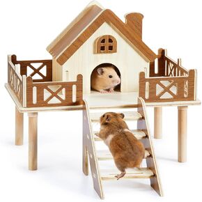 Wooden Hamster Platform and Dwarf Hamster House, Hamster Cage Platform With Climbing Ladder, Cute Syrian Hamster Hideout, Hamster Cage Accessories Platform for Putting Food Bowl, Hamster Gerbil Castle in Kuwait