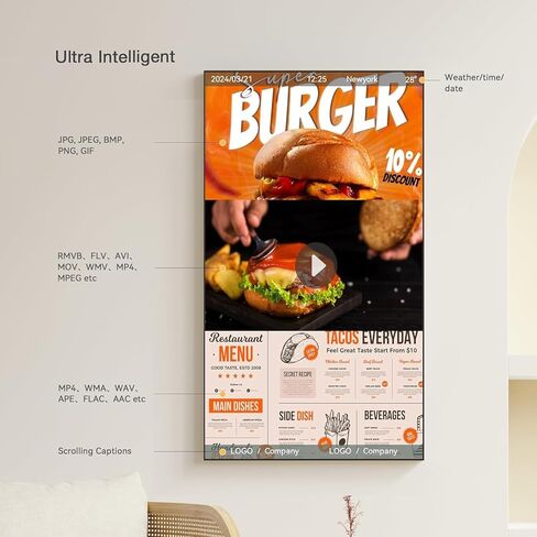 شاشة عرض اللافتات الرقمية 29 بوصة لوحة قائمة رقمية للمطاعم والمتاجر شاشة إعلانية 700 شمعة في المتر المربع فائقة السطوع FHD محرر محتوى ويب مجاني Android 2GB + 32GB in Kuwait