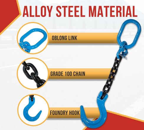 Mytee Products Heavy-Duty 1/2" x 2' Single Leg Chain Sling | 15,000 Lbs WLL | Oblong Link-to-Sling Hook Ends | G100 Chains for Lifting and Handling, Industrial Machinery Hoisting Ring Chain Hanging in Kuwait