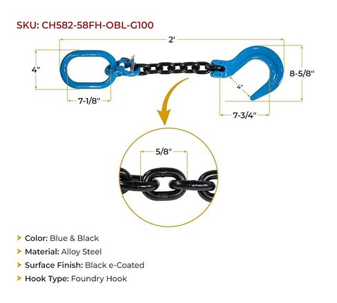 Mytee Products Heavy-Duty 1/2" x 2' Single Leg Chain Sling | 15,000 Lbs WLL | Oblong Link-to-Sling Hook Ends | G100 Chains for Lifting and Handling, Industrial Machinery Hoisting Ring Chain Hanging in Kuwait