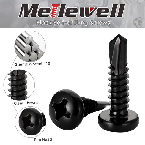 Mellewell #10 x 3/4" Pan Head Self Drilling Screws, Self Tapping Sheet Metal Screws, Black Finish 410 Stainless Steel, 100 PCS in Saudi Arabia