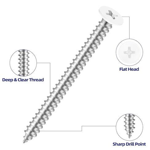 #8 x 1-1/2" Flat Head Self Tapping Screws, White Head Wood Screw, 304 Stainless Steel 18-8, Screwdriver Bit Included, 100 PCS in Kuwait