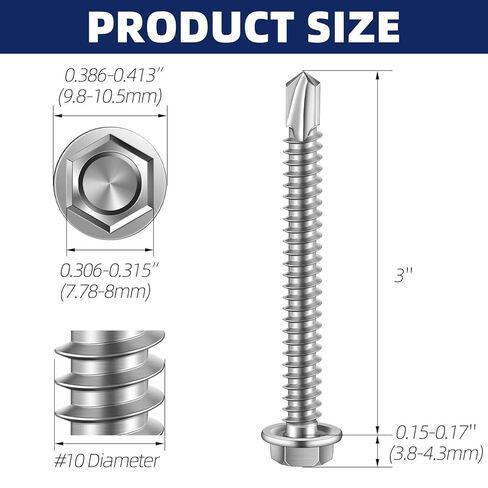 MewuDecor #10 x 3 (1/4" to 3" Available) Hex Washer Head Self Drilling Sheet Metal Screws with Drill Point, Stainless Steel 410, 50 PCS in Saudi Arabia
